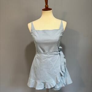 Princess Polly Cottage Hill Mini Romper Baby Blue Faux Wrap Ruffle, Size 8